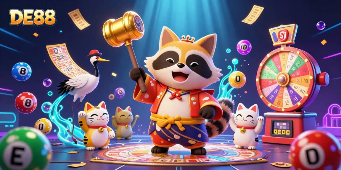 Play exciting lottery games with DE88, featuring a cheerful tanuki and colorful elements.