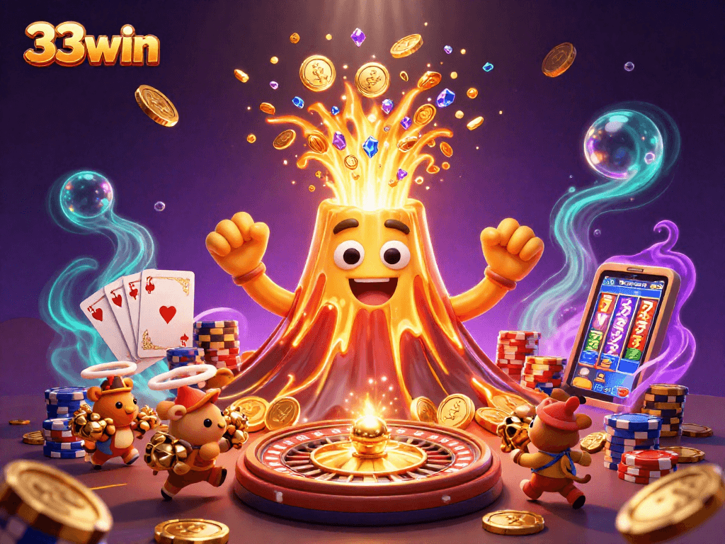 Experience 33win's thrilling casino adventure with a golden volcano and treasure-filled scene.