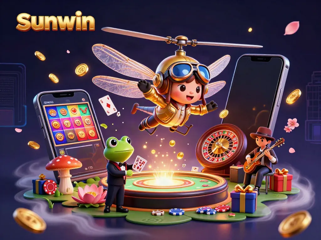 Experience thrilling gaming action with sunwin at a vibrant lily pad casino, showcasing dynamic characters and exciting casino elements.