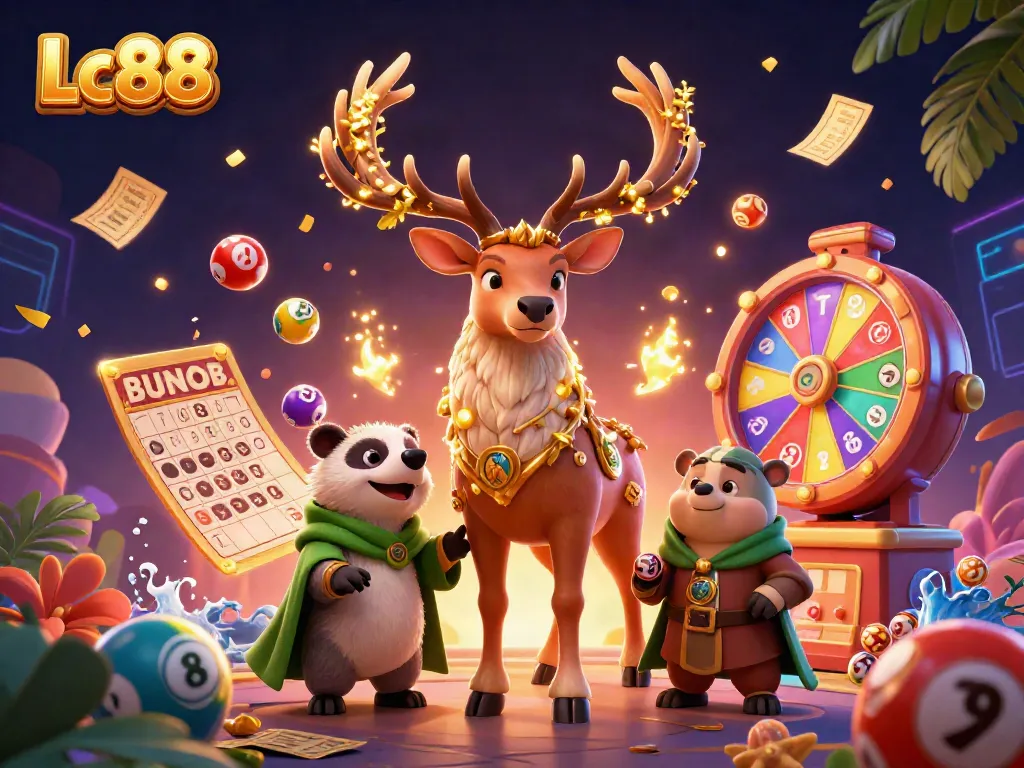 Experience the thrill with Lc88's adventure, as lottery balls and treasure surround a magical druid scene.