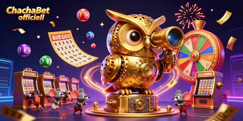 Spela på ChachaBet officiell med en 3D-gulduggla och små råttor på en casinogolv, omgiven av lotteribollar och konfetti.