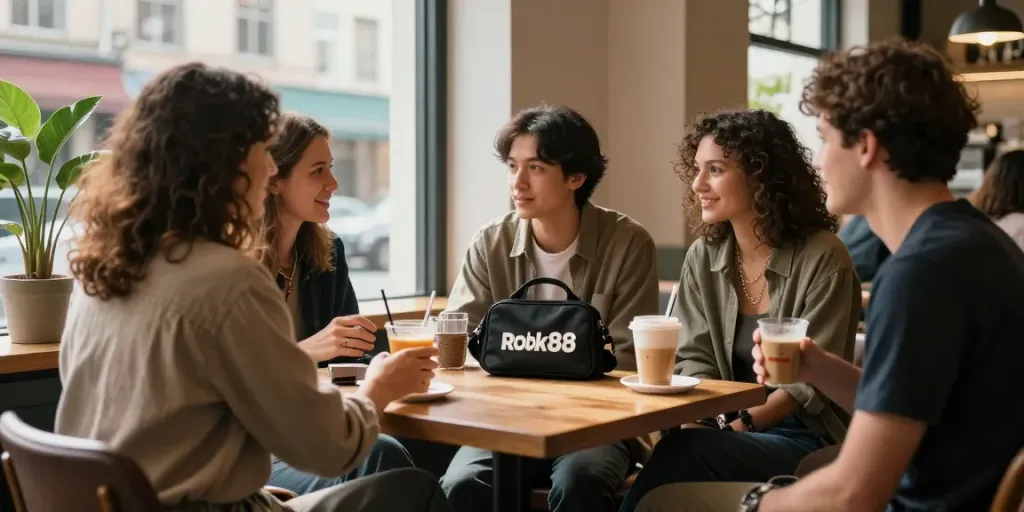 Friends enjoying a cozy café moment with rokok88 merchandise in an urban setting.
