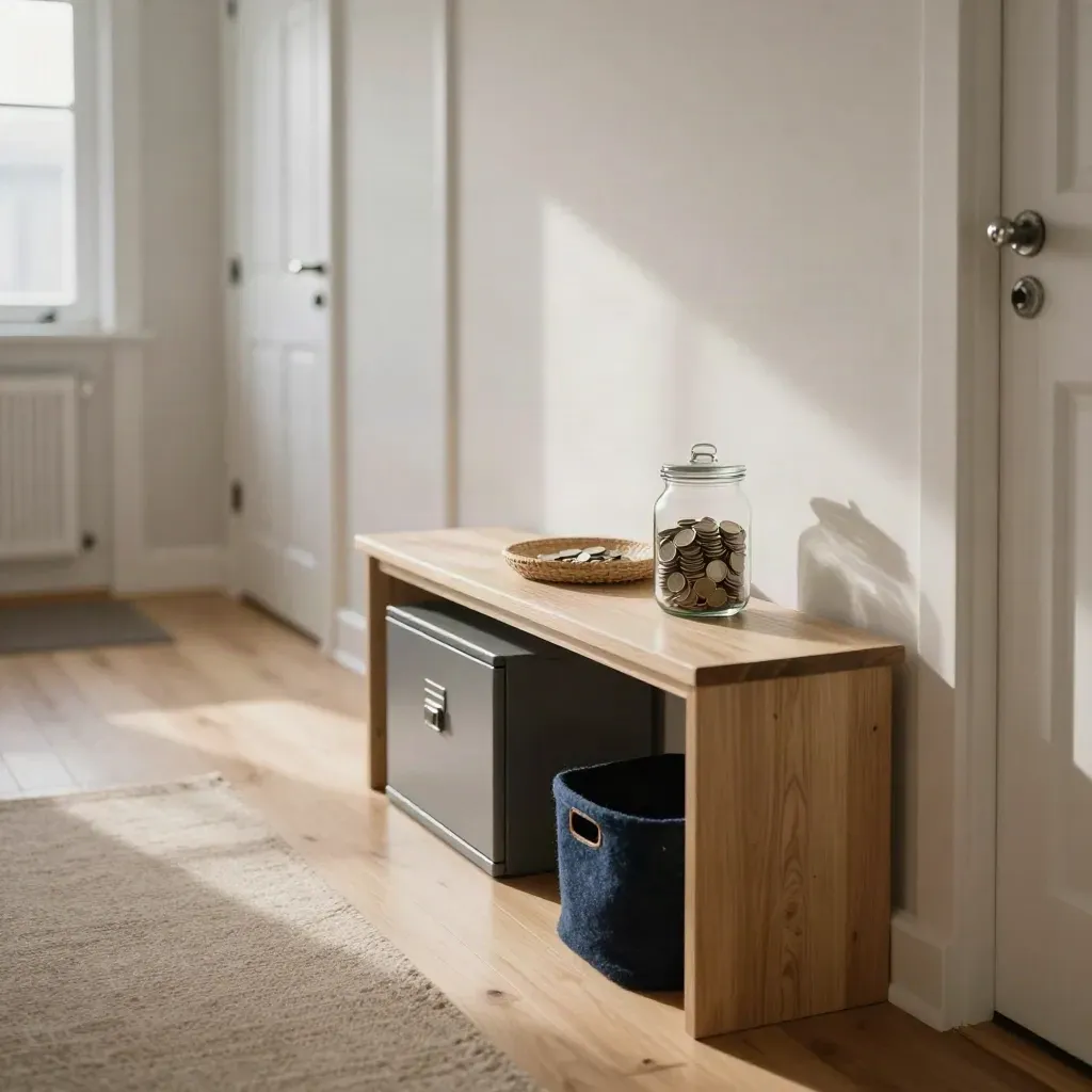 Ljus hall med låsbox, myntburk och tom skobänk i varm morgonljus