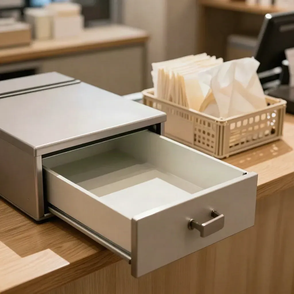 Tomt kassalåda, stängd kassabox och ordnad butik efter stängning i mjukt kvällsljus.