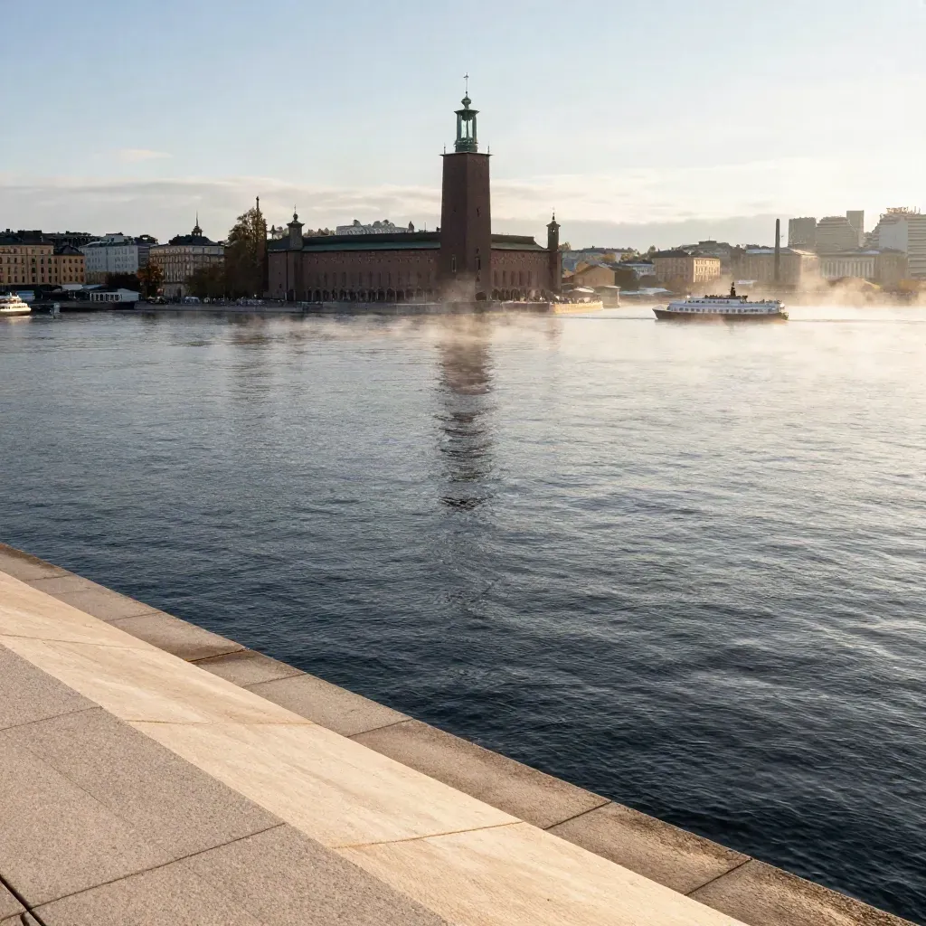 Stockholms stadshus och färjor över dimmig vintervattenyta i gyllene kvällsljus