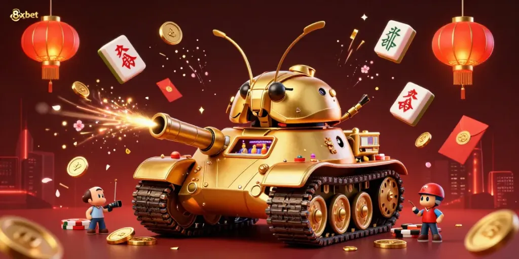 Experience the lively 8xbet miniature casino packed in a golden beetle tank with vibrant gaming elements.