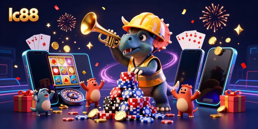 Celebrate winnings at lc88 with a dynamic casino-themed 3D scene featuring excitement and gaming elements.