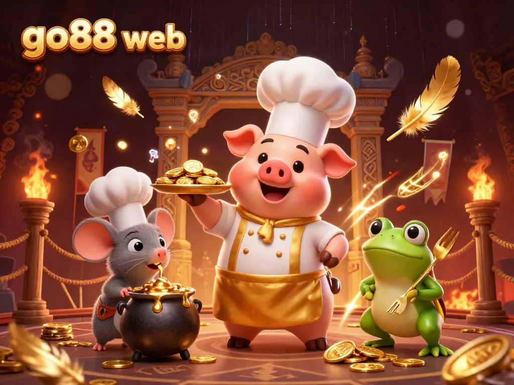 Engage with the vibrant go88 web gaming atmosphere featuring animated characters serving gold coins.
