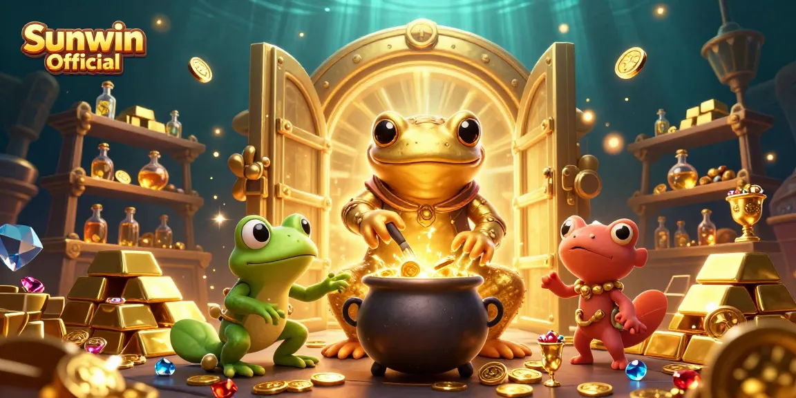 Experience the magic of Sunwin Official with a dynamic 3D casino scene full of vibrant gold treasures.